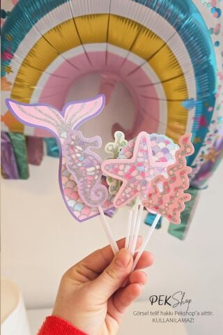 Deniz Kızı Konsept Parlak Pasta Süsleri 6lı Set Simli Deniz Kızı Kürdan Süsler