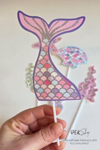 Deniz Kızı Konsept Parlak Pasta Süsleri 6lı Set Simli Deniz Kızı Kürdan Süsler