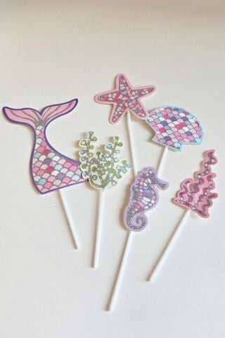 Deniz Kızı Konsept Parlak Pasta Süsleri 6lı Set Simli Deniz Kızı Kürdan Süsler