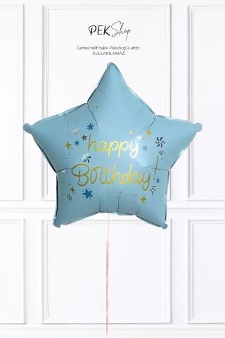 Happy Birthday Yazılı MAVİ Yıldız Balon Retro Yıldız Folyo Balon 45cm
