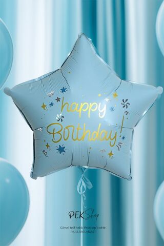 Happy Birthday Yazılı MAVİ Yıldız Balon Retro Yıldız Folyo Balon 45cm