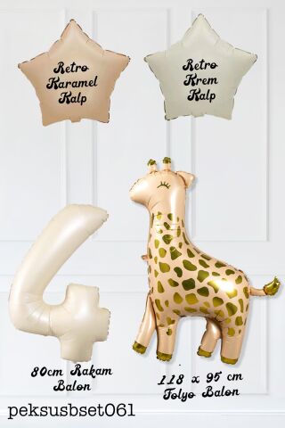 Büyük Zürafa Balon Retro Krem Karamel Doğum Günü Yaş Balon Seti Retro Konsept