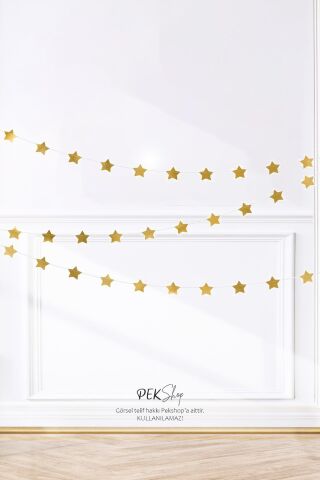 Gold Altın Asmalı Yıldız Tavan Süslemeleri İpli Sarkıt Süs Gold Yıldız 4 Metre