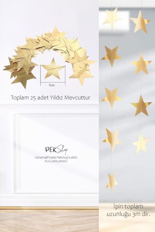 Gold Altın Asmalı Yıldız Tavan Süslemeleri İpli Sarkıt Süs Gold Yıldız 4 Metre