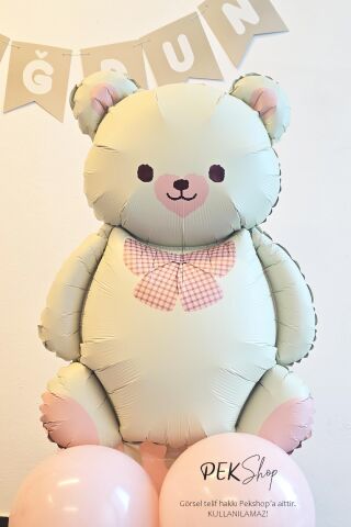 Papyonlu Retro Krem Ayı Balon Pembe Detaylı Retro Ayı Folyo Balon