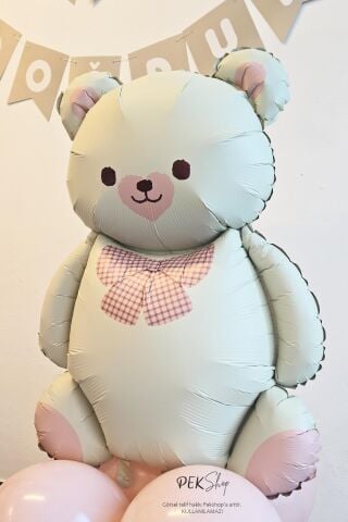 Papyonlu Retro Krem Ayı Balon Pembe Detaylı Retro Ayı Folyo Balon