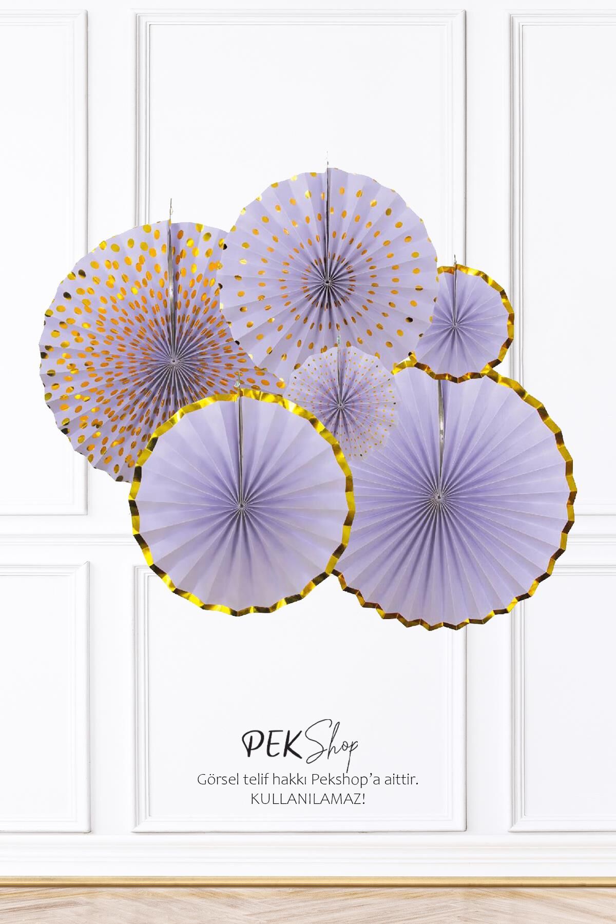 Mor Gold Yaldızlı Yelpaze Süs Seti 6lı Fan Duvar Süsü Mor Gold Varaklı 6lı Arkalı Önlü