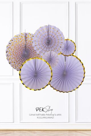 Mor Gold Yaldızlı Yelpaze Süs Seti 6lı Fan Duvar Süsü Mor Gold Varaklı 6lı Arkalı Önlü