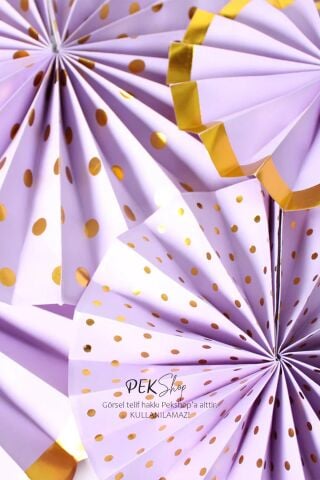 Mor Gold Yaldızlı Yelpaze Süs Seti 6lı Fan Duvar Süsü Mor Gold Varaklı 6lı Arkalı Önlü