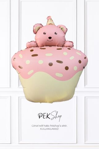 Pasta Üstünde Ayıcık Retro PEMBE Folyo Balon