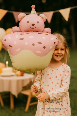 Pasta Üstünde Ayıcık Retro PEMBE Folyo Balon