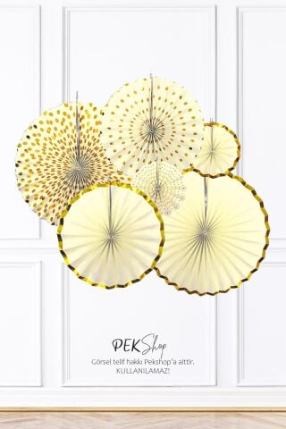 Sarı Gold Yaldızlı Yelpaze Süs Seti 6lı Fan Duvar Süsü Sarı Gold Varaklı 6lı Arkalı Önlü