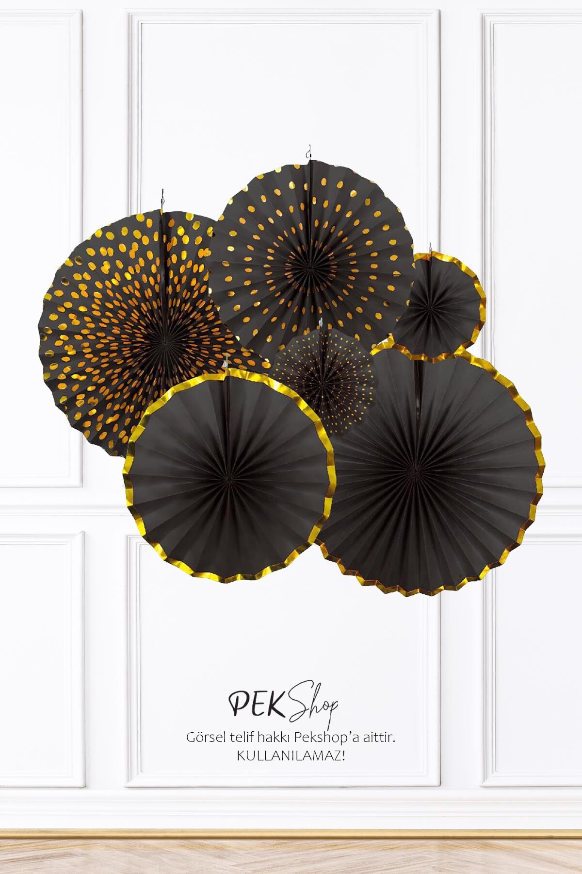 Siyah Gold Yaldızlı Yelpaze Süs Seti 6lı Fan Duvar Süsü Siyah Gold Varaklı 6lı Arkalı Önlü