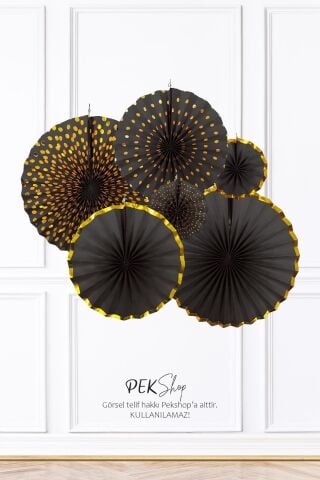 Siyah Gold Yaldızlı Yelpaze Süs Seti 6lı Fan Duvar Süsü Siyah Gold Varaklı 6lı Arkalı Önlü