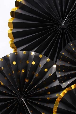 Siyah Gold Yaldızlı Yelpaze Süs Seti 6lı Fan Duvar Süsü Siyah Gold Varaklı 6lı Arkalı Önlü