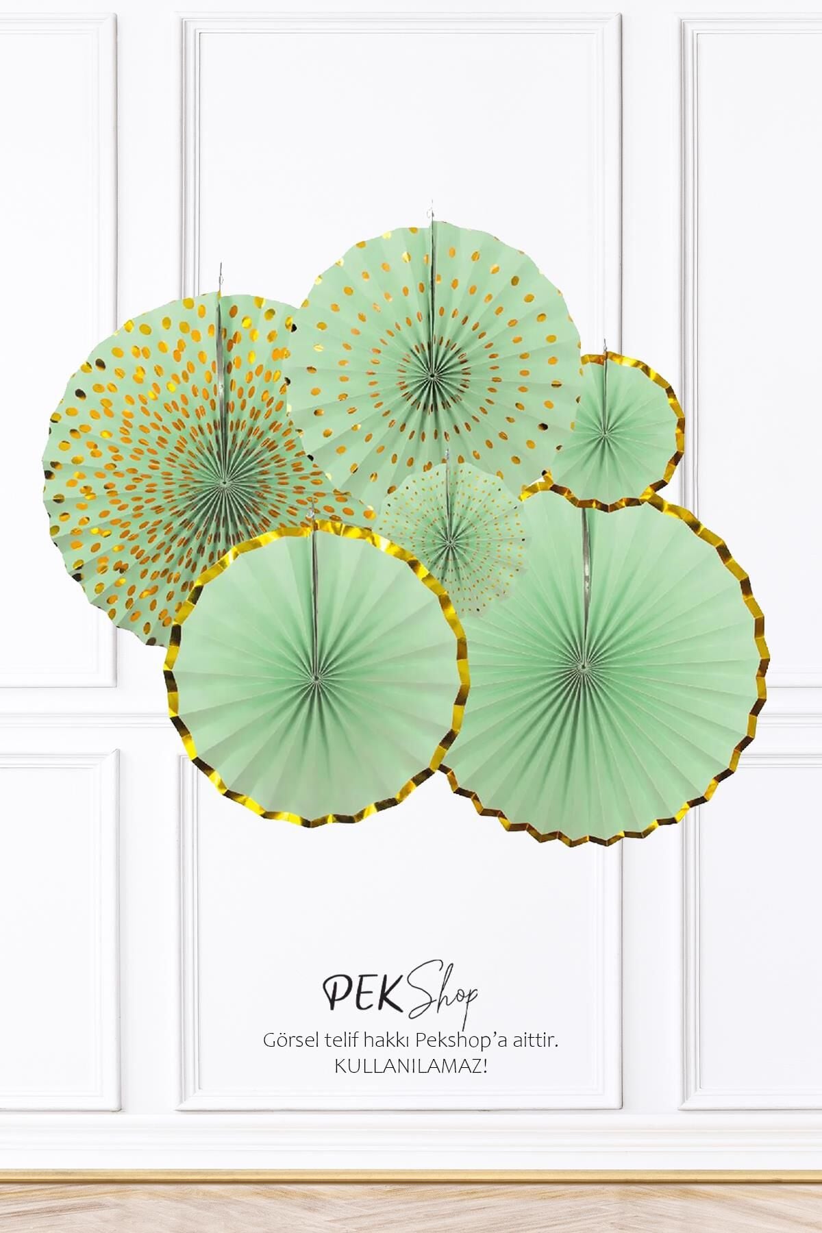 Yeşil Gold Yaldızlı Yelpaze Süs Seti 6lı Fan Duvar Süsü Yeşil Gold Varaklı 6lı Arkalı Önlü