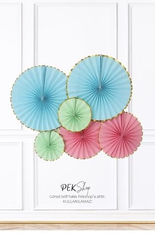 Pastel Renkler Gold Varaklı Yelpaze Süs Seti 6lı Fan Duvar Süsü Pastel Renk Gold Varaklı 6lı Arkalı Önlü