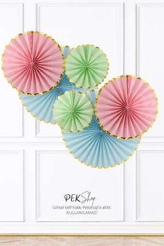 Pastel Renkler Gold Varaklı Yelpaze Süs Seti 6lı Fan Duvar Süsü Pastel Renk Gold Varaklı 6lı Arkalı Önlü