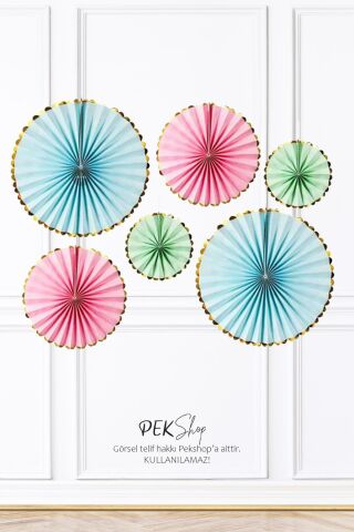 Pastel Renkler Gold Varaklı Yelpaze Süs Seti 6lı Fan Duvar Süsü Pastel Renk Gold Varaklı 6lı Arkalı Önlü