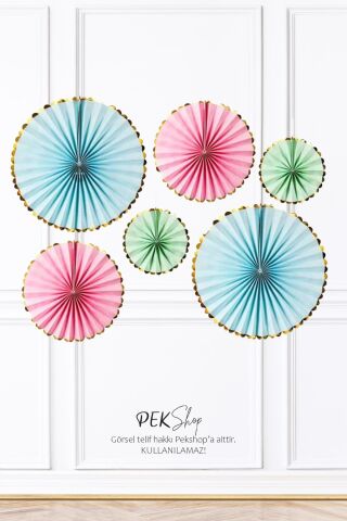 Pastel Renkler Gold Varaklı Yelpaze Süs Seti 6lı Fan Duvar Süsü Pastel Renk Gold Varaklı 6lı Arkalı Önlü