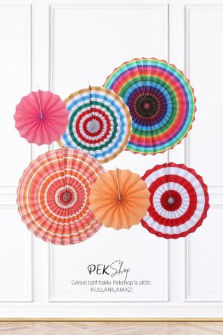 Retro Renkler Yelpaze Süs Seti 6lı Fan Duvar Süsü Karışık Retro 6lı Arkalı Önlü
