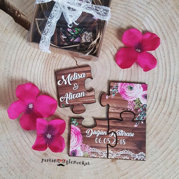 Rustik Dantel Konsept Ahşap Puzzle Magnet