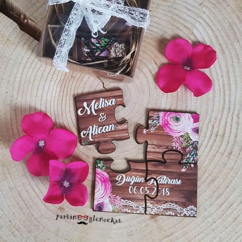 Rustik Dantel Konsept Ahşap Puzzle Magnet