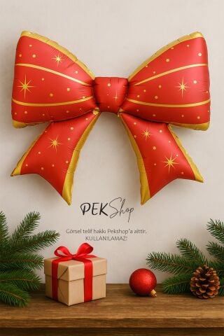 Kırmızı Gold Büyük Fiyonk Folyo Balon Yılbaşı Fiyonk Balon