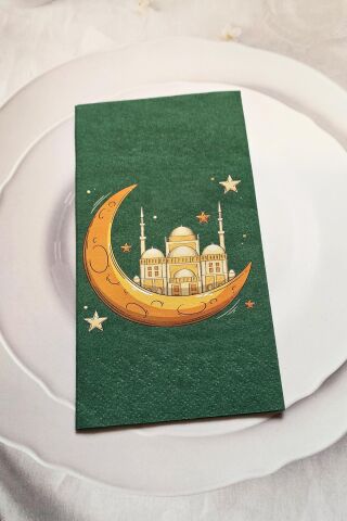 Ramazan Peçetesi Dini Motif Baskılı Yeşil Peçete Ramazan Sofra Peçetesi 12li Paket