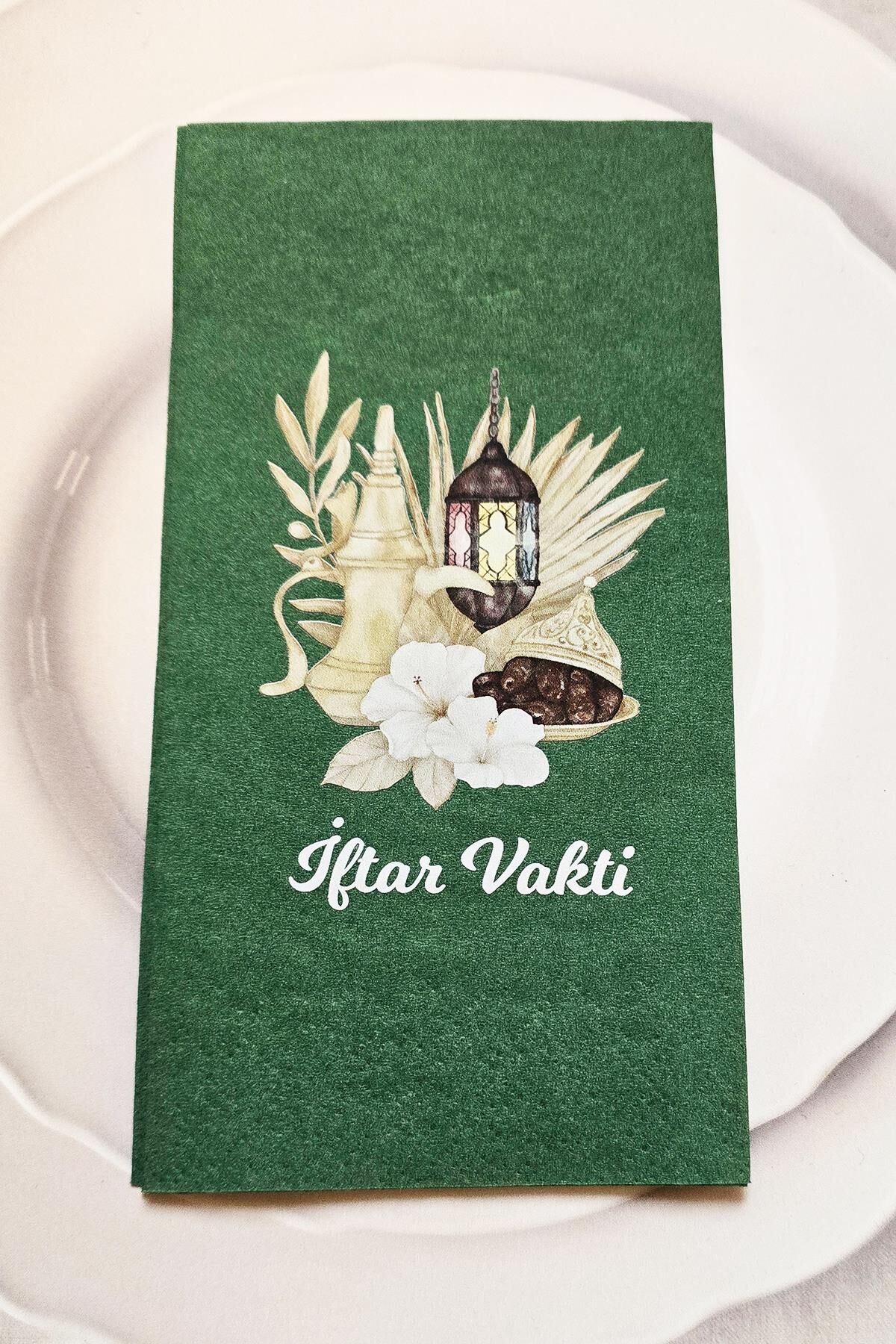 Ramazan Peçetesi Dini Motif İftar Vakti Baskılı Yeşil Peçete Ramazan Sofra Peçetesi 12li Paket