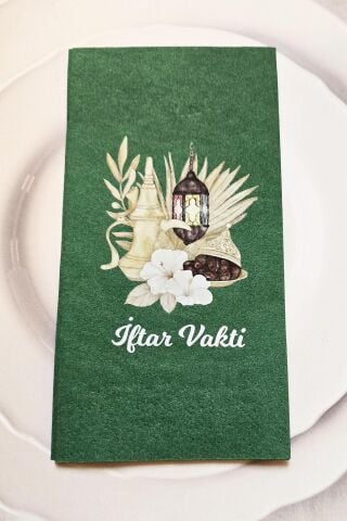 Ramazan Peçetesi Dini Motif İftar Vakti Baskılı Yeşil Peçete Ramazan Sofra Peçetesi 12li Paket