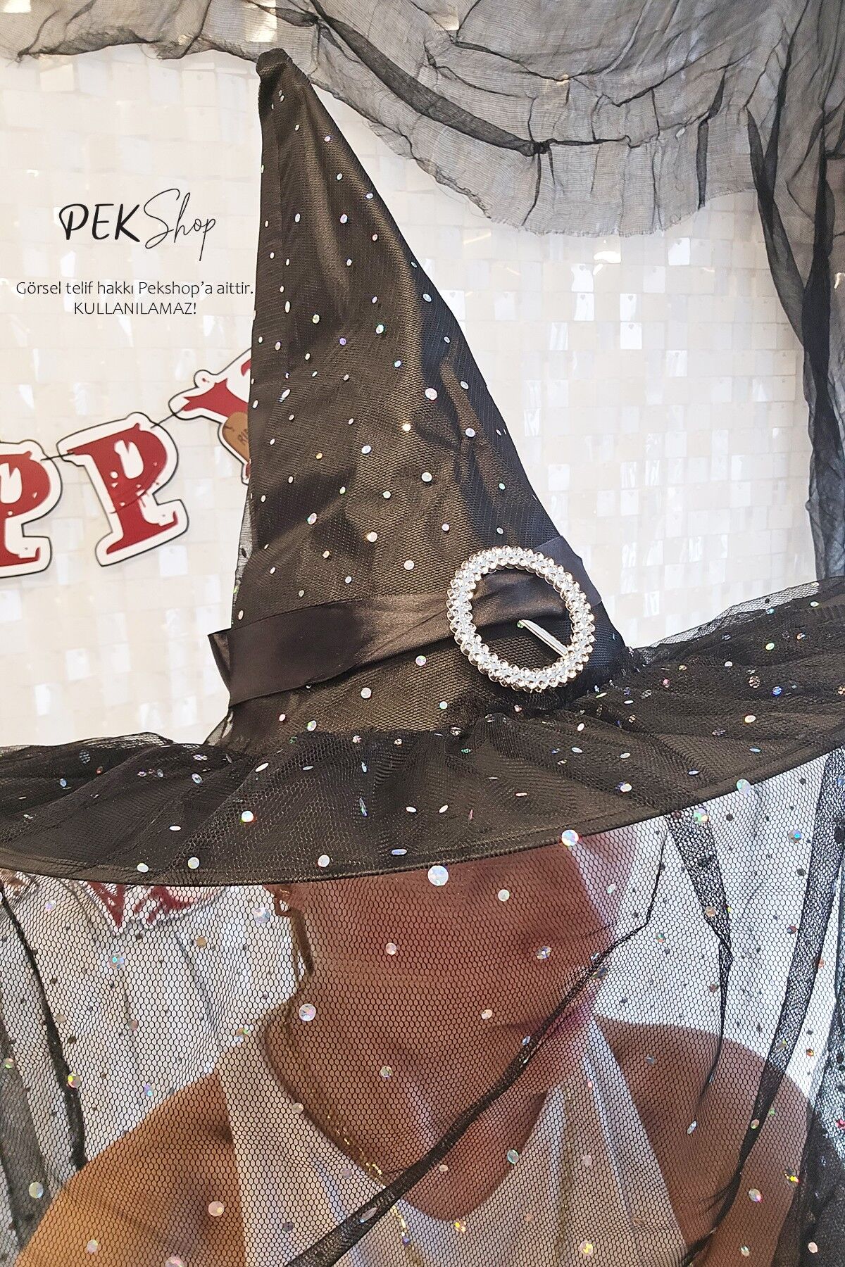 Tüllü Lüks Cadı Şapkası Halloween Şapka Cadılar Bayramı Şapkası
