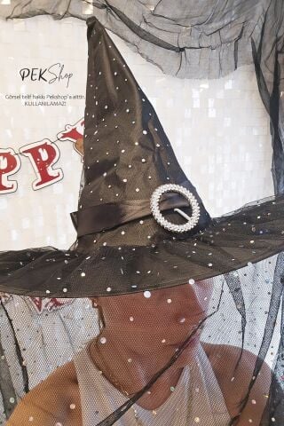 Tüllü Lüks Cadı Şapkası Halloween Şapka Cadılar Bayramı Şapkası