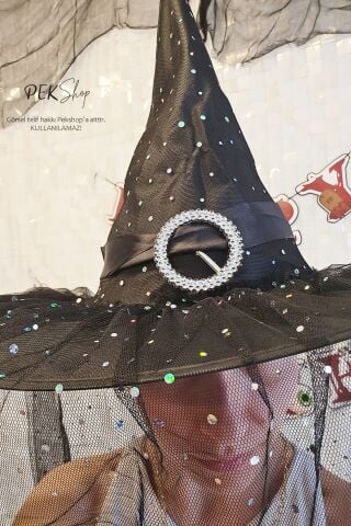 Tüllü Lüks Cadı Şapkası Halloween Şapka Cadılar Bayramı Şapkası