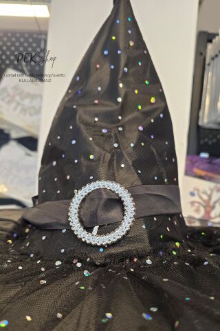 Tüllü Lüks Cadı Şapkası Halloween Şapka Cadılar Bayramı Şapkası
