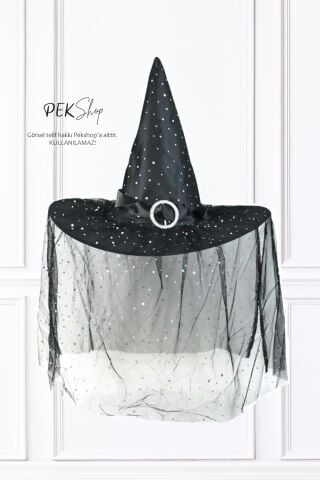 Tüllü Lüks Cadı Şapkası Halloween Şapka Cadılar Bayramı Şapkası