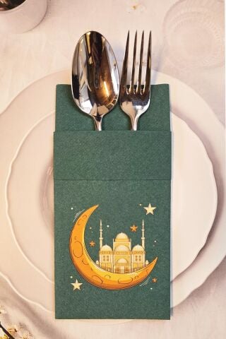 Kumaş Dokulu Ramazan Peçetesi Cepli Yeşil Kumaş Dokulu Dini Motif Baskılı Peçete Yeşil 6lı Paket