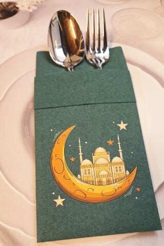 Kumaş Dokulu Ramazan Peçetesi Cepli Yeşil Kumaş Dokulu Dini Motif Baskılı Peçete Yeşil 6lı Paket
