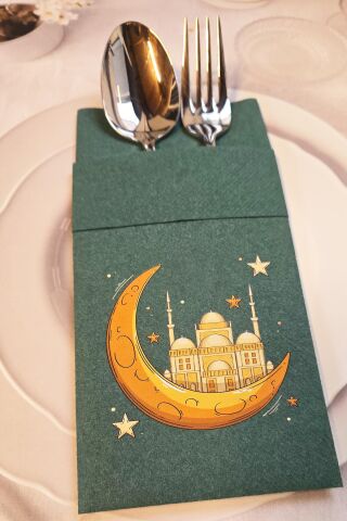 Kumaş Dokulu Ramazan Peçetesi Cepli Yeşil Kumaş Dokulu Dini Motif Baskılı Peçete Yeşil 6lı Paket