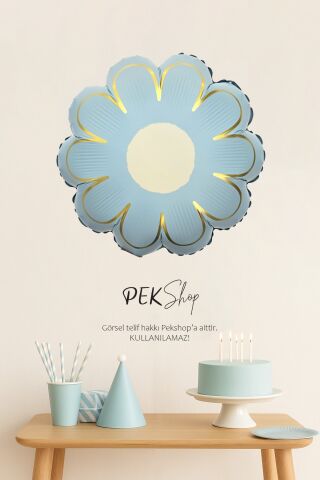 Gold Detaylı MAVİ Çiçek Şekilli Folyo Balon