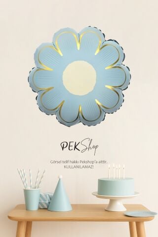 Gold Detaylı MAVİ Çiçek Şekilli Folyo Balon