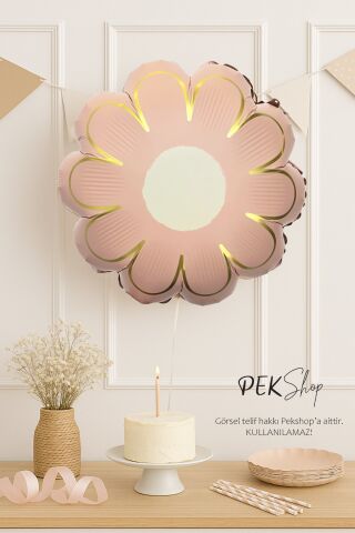 Gold Detaylı PEMBE Çiçek Şekilli Folyo Balon