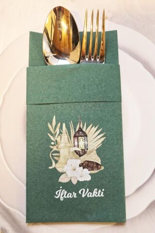 Kumaş Dokulu Ramazan Peçetesi Cepli Yeşil İftar Vakti Yazılı Peçete Yeşil 6lı Paket