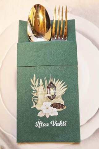 Kumaş Dokulu Ramazan Peçetesi Cepli Yeşil İftar Vakti Yazılı Peçete Yeşil 6lı Paket