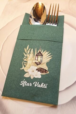 Kumaş Dokulu Ramazan Peçetesi Cepli Yeşil İftar Vakti Yazılı Peçete Yeşil 6lı Paket