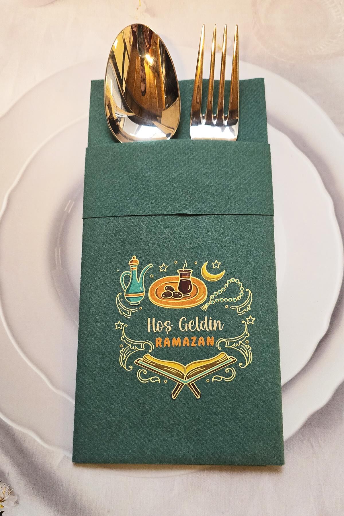 Kumaş Dokulu Ramazan Peçetesi Cepli Yeşil Hoş Geldin Ramazan Yazılı Peçete Yeşil 6lı Paket