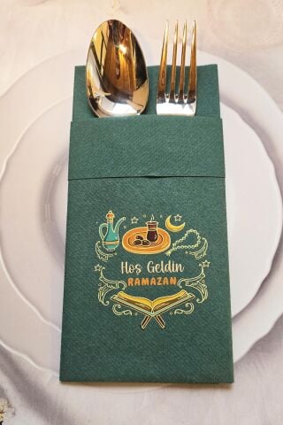 Kumaş Dokulu Ramazan Peçetesi Cepli Yeşil Hoş Geldin Ramazan Yazılı Peçete Yeşil 6lı Paket
