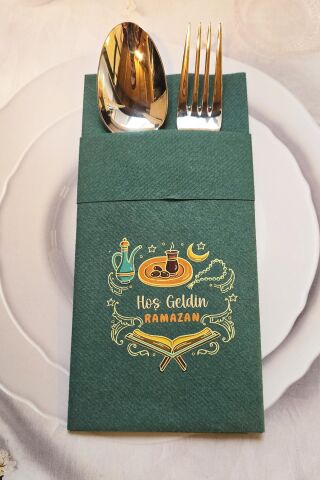 Kumaş Dokulu Ramazan Peçetesi Cepli Yeşil Hoş Geldin Ramazan Yazılı Peçete Yeşil 6lı Paket