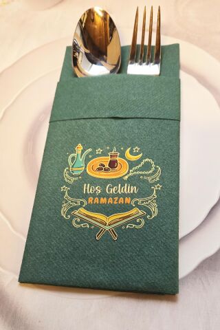 Kumaş Dokulu Ramazan Peçetesi Cepli Yeşil Hoş Geldin Ramazan Yazılı Peçete Yeşil 6lı Paket
