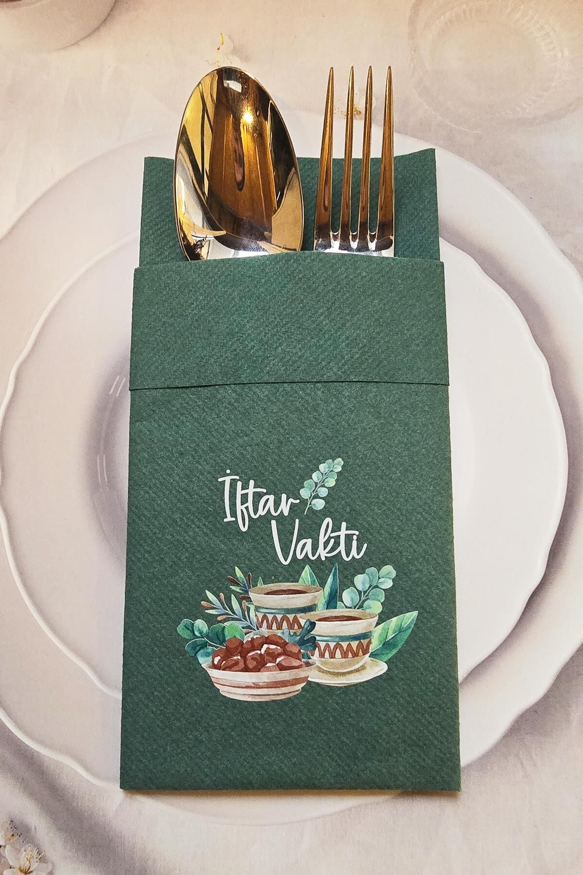 Kumaş Dokulu Ramazan Peçetesi Cepli Yeşil İftar Vakti Yazılı Peçete Yeşil 6lı Paket